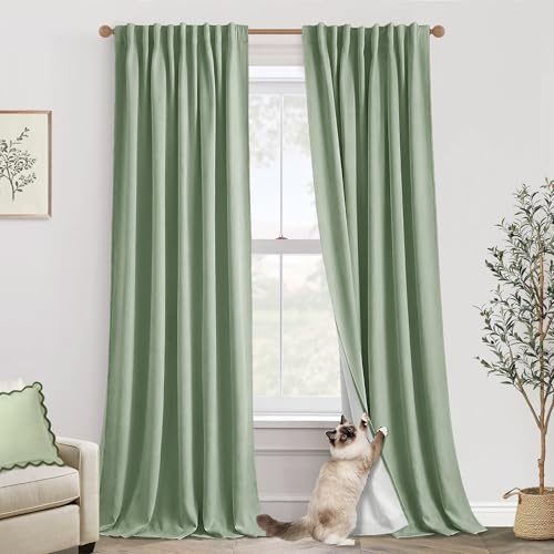 Salbeigrüne Vorhänge, 213 cm, 2 Vorhänge, Frühlings-Vintage-Leinen, Bauernhaus, neutrale Boho-Verdunkelungsvorhänge, für Wohnzimmer, Schlafzimmer, Cottagecore, Hellgrün