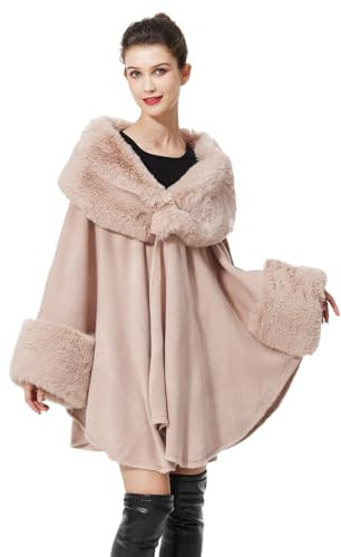 BEAUTELICATE Poncho Cape Tricoté De Femme Tricot Manteau Cardigan avec Col en Fourrure Châle Étole pour L'automne Hiver Mariage Mariée(Taille Unique, Fourrure Lisse-Rose Pâle)
