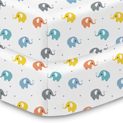 BreathableBaby Spannbettlaken aus Baumwollperkal, für Kinderbettmatratzen 132 x 71 cm, Elefantenmotiv, 2 Stück