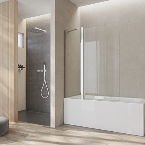 Heilmetz Pare baignoire 100 x 140 cm,1 volet fixe+1 volet pivotant,Paroi de baignoire Rotation à 180°, Color Chrome, 6mm verre de sécurité, Pare de baignoire Revêtement nanométrique double face