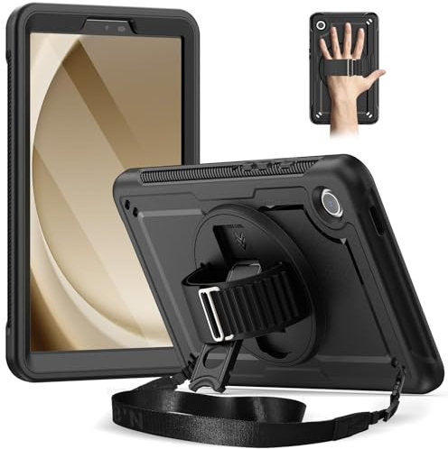 Timecity for Samsung Galaxy Tab A9 Case 8.7 2023, Shockproof Sturdy Case with Screen Protector,Kickstand/360 Rotating Hand Strap,Pencil Holder, Heavy Duty Cover for Galaxy Tablet A9 Kids,Black