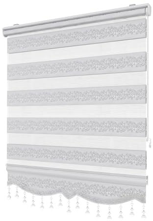 PlisseeOnline Doppelrollo Klemmfix ohne Bohren Weiß Silber mit Muster und Perlen Duo Rollo für Fenster und Türen Plissee Rollo Gardine 110 x 150 cm Blickdicht Klemmrollo mit Perlen Seitenzugrollo