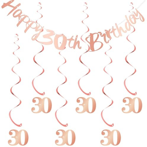 Melhope Birthday Party Decorations Rose Gold Happy Bunting Banner with 6pcs Hanging Swirls Streamers for Girl Women Party Decor Supplies (30th)