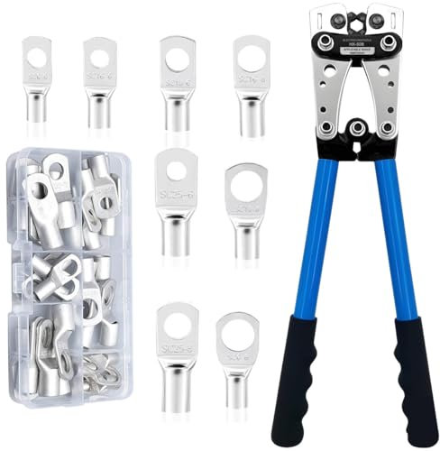 Osznmmg Battery Cable Lug Crimping Tool Set +60PCS Copper Ring Terminals for Crimping 6-50mm² (AWG 8-1/0) Wires and Cables Heavy Duty Hand Electrician's Pliers with Thick Reinforced Metal Plate