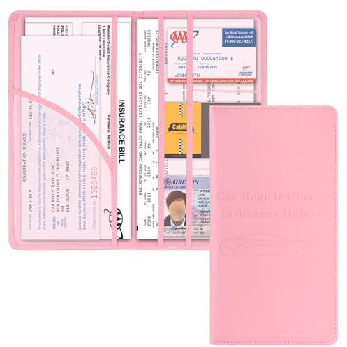 Cacturism Car Registration and Insurance Holder, Car Accessories Vehicle Glove Box Car Organizer Women Car Accessories with Magnetic Shut for Cards, Essential Document, Driver License, Pink