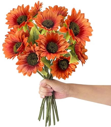 ROLLWAY 12 Stück Künstliche Sonnenblumen Deko, 33CM Einzelstiel Kunst Sonnenblumen Künstlich Blumen Herbst Seidenblumen Herbstblumen Kunstblumen Sonnenblume für Tischdeko Hochzeit Wohnzimmer