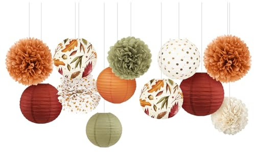 NICROLANDEE Herbstdekorationen, 12 Stück Orange Seidenpapier Pompons Ahornblatt Papierlaternen Deko für Thanksgiving Partydekorationen, Herbsthochzeit, Geburtstag, Herbst Babyparty Party Dekorationen