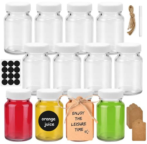 HEKOBAG Lot de 12 Mini Bouteille Verre, Petite Bouteille en Verre 60ml, Bouteilles de Lait en Verre avec 1 Étiquette Autocollante, 12 Étiquettes Volantes et 1 Stylo, Petite Bouteille Verre Shot de Jus