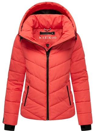 MARIKOO Winterjacke Damen (XS-3XL) - Wasserabweisend, Warm, Kapuze abnehmbar, Winddicht - Steppjacke, Frauen - Stehkragen, 4 Taschen, verlängerter Zipper - Coral Red L