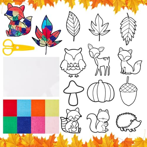 JadeLink Herbst Bastelset Kinder, 12 Stück Papierbastelsets, Ahornblätter, Tiere und Pilze Herbstdeko Fensterbilder für Innen und Außen, Herbst Erntedank, Halloween, Weihnachten Geschenke für Kinder