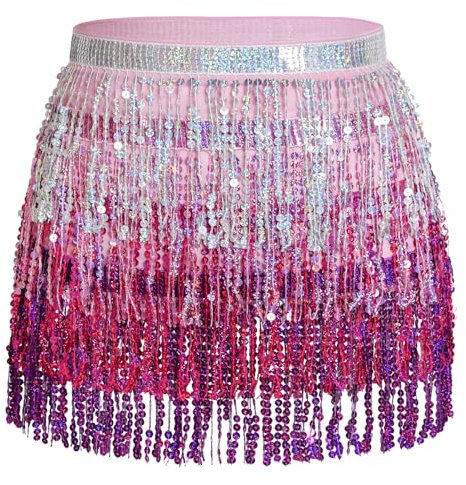 Glitzer Damen Rock Pailletten Rock Bauchtanz Kostüm Mini Cowgirl Tanzkleid Rave Outfit Hüfttuch Kostüm für Damen Mädchen (DE/NL/SE/PL, Alphanumerisch, M, Regular, Regular, Rosa Rot Lila)