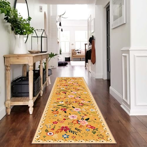 WTHYGB Teppich Läufer Flur rutschfest Teppichläufer Flur Waschbar, Lang Modern Blumen Küchenteppich, Flurläufer, Teppich Läufer für Flur, Küche, Korridor, Schlafzimmer, Wohnzimmer