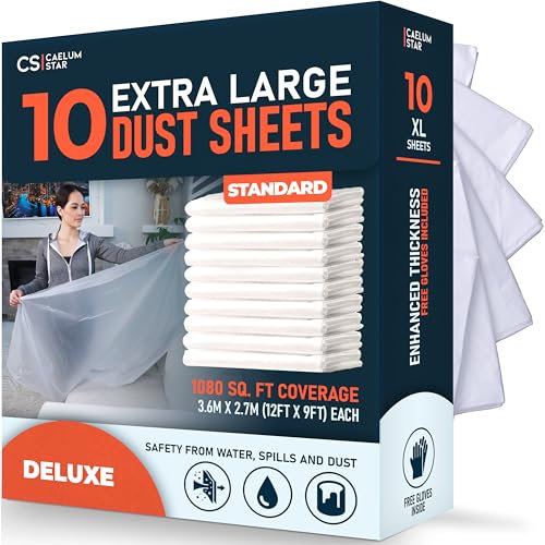 CS 10 Pack Extra Large Plastic Dust Sheets for Decorating 3.6 x 2.7m (12 x 9ft), Standard Dust Sheet for Painting & Furniture, Plastic Sheet-Plastic Sheeting-Decorating Tools-Decorating Sheets