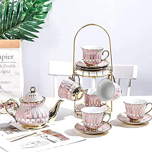 Teeservice aus britischem Porzellan, mit Becherhalter, Ständer, Keramik-Teekanne, Tassen, Untertassen, ideal für Nachmittagstee, Kaffee, perfekt für Erwachsene, ideal für Geburtstag, Hochzeit, Rosa