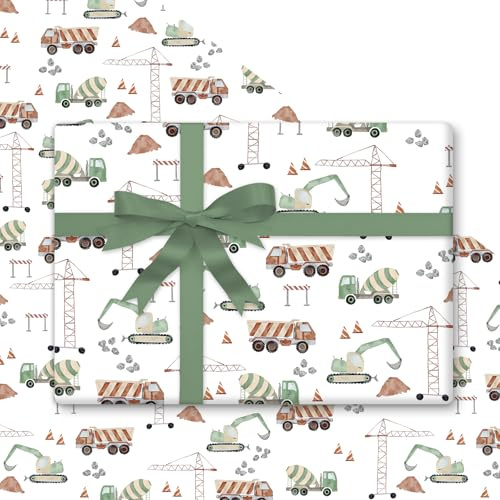 FYSUIMU Geschenkpapier, 6 Bögen, keine Rolle, Fahrzeuge, Bagger, Kran, Geschenkpapier, Großpackung, gefaltet, flach, Kunstpapier für Geburtstag, Babyparty, Basteln, 70 x 100 cm