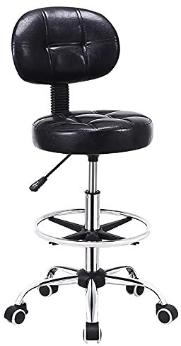 Verstellbarer Friseurstuhl aus Leder, mit Rückenlehne, 360° drehbar und Rollen, für Friseursalon und Spa, 58 x 70 cm Höhe, Schwarz