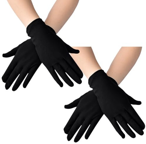FSSTUD 2 Paar kurze Kostüm-Handgelenk-Handschuhe, dehnbare Satin-Handschuhe, Halloween, Cosplay, Hochzeit, Brauthandschuhe, Bankett, Party, ausgefallene Opernhandschuhe, Schwarz , 22 x 9cm