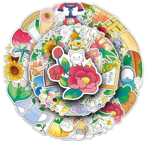 50 Stück Flower Stickers, Graffiti Wasserdichte Vinyl Flower Aufkleber, Blumen Aufkleber, Blumen Scrapbooking Aufkleber für Laptop, Wasserflasche, Reisekoffer, Handyhülle, iPad, Scrapbook (C,5–8 cm)
