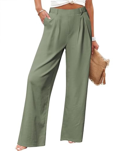 Friptspyg Palazzo Hose Freizeithose Damen Sommer Hohe Taille Palazzo Elastische Freizeithose mit Taschen,Armee Grün XXL