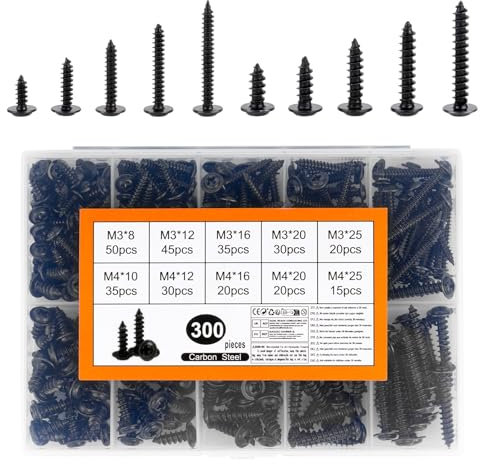 300 PcsTornillos Autorroscantes para Metal, M3 M4 Tornillo Roscachapa, Tornilleria Tornillos Cabeza Plana Cruz Autotaladrante Negros, Tornillos Roscachapas para Madera Chapa Metálica