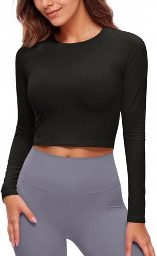 Fisoew Camiseta deportiva para mujer UPF 50+, protección solar, manga larga, cuello redondo, yoga, entrenamiento, crop, transpirable, ajustada, camisetas