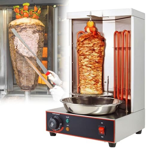 Electric Vertical Rotisserie Grill Machine for Shawarma, Kebabs, Gyros - Includes 2 Heating Tubes & Meat Catch Pan, Perfect for Commercial Kitchens & Outdoor BBQ
