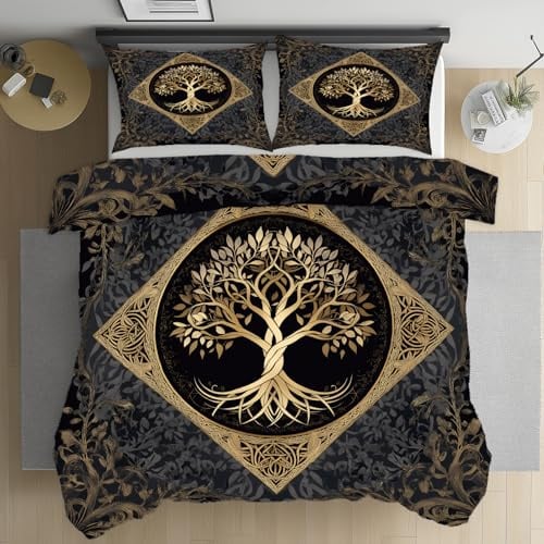 Baum des Lebens Bettbezug 200x200 Mikrofaser, Vikings Keltischer Knoten Bettwäsche Bügelfrei 3teilig, Wikinger Mythos Deckenbezug mit Reissverschluss, 2 Kissenbezug 80x80 cm, Alle Jahreszeiten