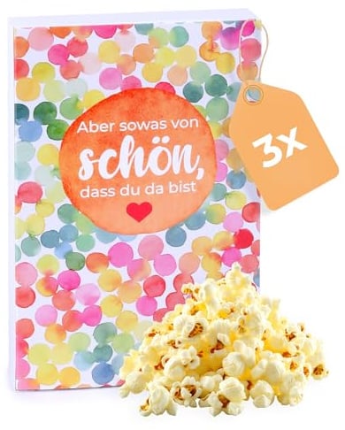 Liebevolles Gastgeschenk – 3x100g Süßes Mikrowellen-Popcorn – Aber sowas von schön, dass du da bist – Leckeres Mitgebsel für Hochzeit, Geburtstag & besondere Anlässe – vegan & glutenfrei