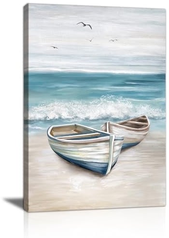 Blau Ozean Boot Möwe Leinwand Bilder mit Rahmen Blau Weiß Meer Wandbilder Sand Strand Küste Bild Auf Leinwand Leinwandbilder Deko Wanddekoration für Badezimmer Schlafzimmer Wohnzimmer Büro 30X40cm