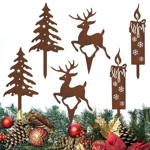 MARFOREVER Gartenstecker Weihnachten, 6 Stück Gartenstecker Rost Deko Weihnachten Hirsch Tanne Kerze Wetterfeste Weihnachtsdeko Metall Weihnachtsbaum für Weihnachtsdeko Garten Balkon