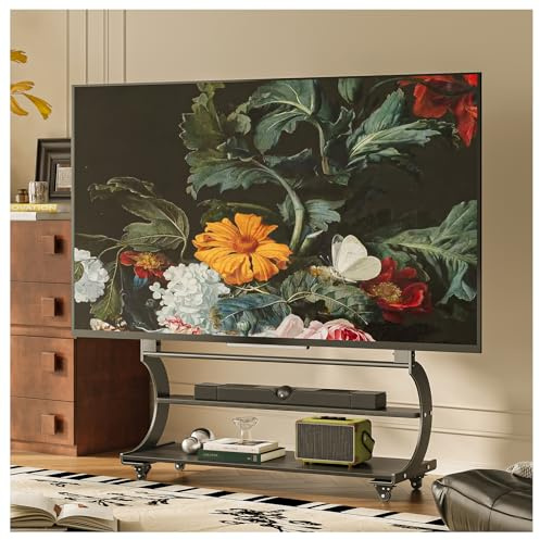 Support TV avec 2 étagères pour étagère Mobile de 50 à 100 Pouces | jusqu'à 100 kg, design Easel en métal et bois, idéal pour magasin, bureau, école et maison, Max VESA 900*600MM, Noir
