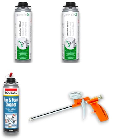 Montageschaum Pistolenschaum 1K Schaum 500ml Kombiset inkl. Pistole + Reiniger/Multischaum Fensterschaum hohe Schalldämmung Wärmedämmung (500-1k-set-2)