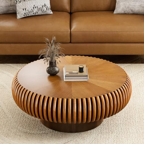 WUPDPQS Runder Couchtisch, Brown, 80cm | Für Wohnzimmer, Holz Geriffelter, Trommelform, Mid-Century-Stil, Niedriger Kaffetisch, Für Kleine Räume