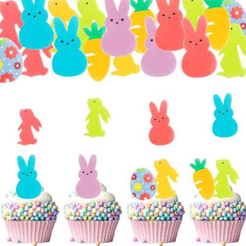 ENLACE 48 Stück Essbare Ostern Tortendeko Hase Muffin Deko, Esspapier Osterdeko für Kuchen, Esspapier Ostern Cupcake Deko Hase, Karotte Ostereier Kuchendeko für Osterparty Frühlingsparty Geburtstag
