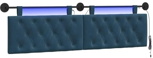 vidaXL Hängendes Kopfteil Mit LED Licht Blau Samt, Modernes Schlafzimmer, Wandkopfteil, aus Samt, Platzsparend, dekorative Rückenlehne, weich anzufassen