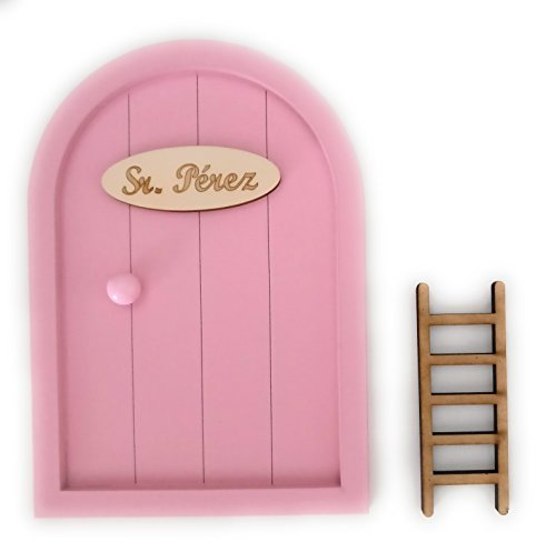 Evyre Puerta Ratoncito Pérez de Madera Escalera + Felpudo + Ratoncito de Madera/Decoraciones de Pared con Adhesivo (Rosa Palo)