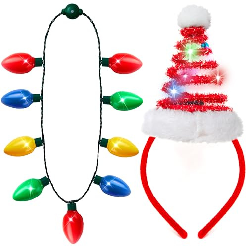 JOYIN 2PCS Christmas LED Necklace and Green Tree Headband, Light Up Holiday Necklace With 9 Bulbs, Headwear for Holiday Parties Xmas Costume Party Favors