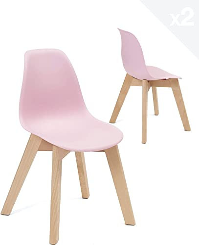 KAYELLES Lot de 2 chaises Enfant scandinave Fille, Dossier Plastique Souple, léger et résistant, Pieds en Bois de hêtre Naturel JUBA (Rose)
