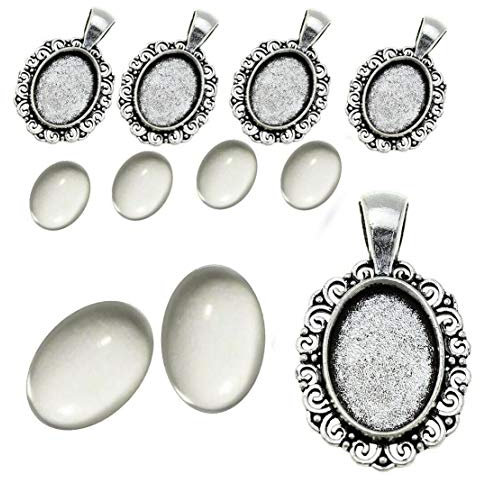 Perlin 6 Set Filigran Medaillons Metall Anhänger Fassungen und 18x13 mm Oval Klar Glas Cabochon, in Silber und Bronze farbe, Fassung Rahmen Super Optik Bastelset (Silber)