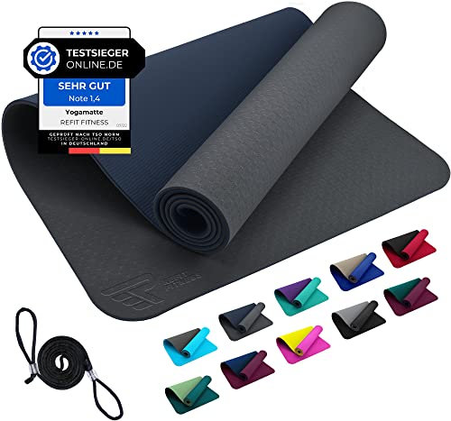 REFIT FITNESS Yoga Matte Perfect-Fit 190 x 60 x 0,6 cm Grau Nachtblau GeckoGrip Sensi-Plus TPE Yogamatte Rutschfest Schadstofffrei Tragegurt Sportmatte Fitnessmatte Gymnastik Sport Pilates