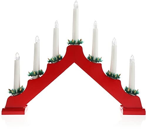 com-four® LED Schwibbogen als Weihnachtsbeleuchtung - Kerzenbrücke mit 7 LEDs - Lichterbogen Pyramide aus Holz - Fensterleuchter mit Timer-Funktion (01 Stück - 7 LEDs Holz rot)
