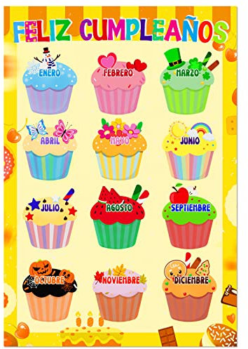 WaaHome Spanisches Happy Birthday Diagramm Poster für Klassenzimmer-Dekorationen, 30,5 x 44,8 cm, Cupcakes, Español, Klassenzimmer, Geburtstagsposter, Kalender für den Schulanfang, Pinnwand,