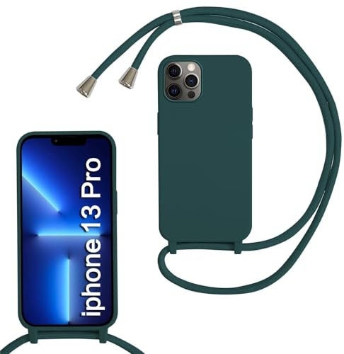 SLWYF Compatible with iPhone 13 Pro Crossbody Lanyard Case, Liquid Silicone Protective Phone Case with Strap Adjustable Neck Cord Necklace Soft Cover for iPhone 13 Pro, Dark green