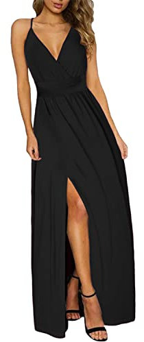 UUAISSO Robe Boho d'été pour Femme Bretelles Spaghetti Col en V Couleur Unie Floral Plage Longue Robe Maxi Noir S