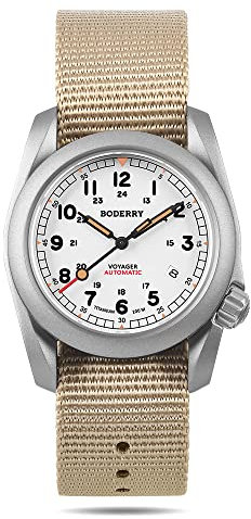 BODERRY Montre de Terrain Automatique en Titane pour Homme de 40 mm, Montre Militaire, Fonction Jour-Date, étanche à 100 mètres, avec Bracelet en Nylon, Mouvement mécanique Japonais et Couronne avec