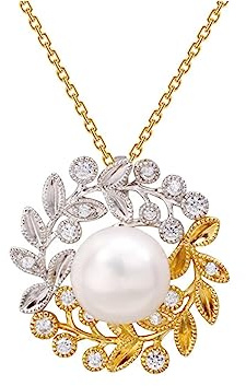 AMDXD 18K Gelbgold 750 Halskette für Damen, Blatt Zweigstelle Anhänger mit Perle Rund, Au750 Gold Kette mit Anhänger Damen Zirkonia Echtgold Schmuck, Gold Weißgold, 45cm