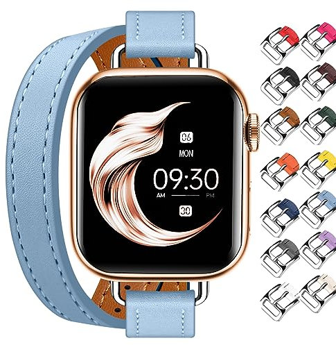 Juntan Double Leather Strap Compatible with Apple Watch 38 mm 40 mm 41 mm 42 mm 44 mm 45 mm, Slim Leather Watch Strap Tour Bracelet Replacement for iWatch SE Series 8 7 6 5 4 3 2 1, 38mm/40mm/41mm