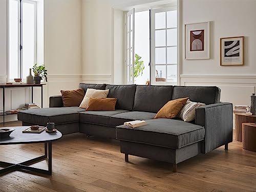 Lisa Design Jake – Wohnlandschaft U-Form – 7-Sitzer – mit Schlaffunktion und Bettkasten – aus Cord Dunkelgrau