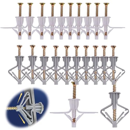 SVOCK Lot de 200 chevilles à expansion pour murs creux, 100 chevilles pour pièces en bois et 100 vis d'expansion, kit de vis et chevilles assorties, chevilles murales pour murs creux en plaques de
