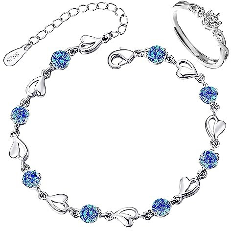 Armband Silber 925 Damen, Armband Damen Silber 925 Armband Damen 925 Liebesherz Armband, Armband Silber 925 Verstellbares mit 1 Ring für Damen, Armkette Damen Silber 925 für Frauen und Mädchen(Blau)